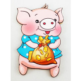Магнит деревянный свинья с мешком денег, символ 2019 года!